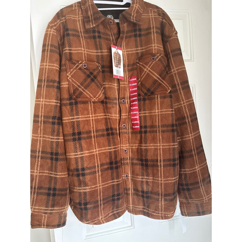 Weatherproof Mens Lined Shacket Brown Plaid Fleece Shirt Jacket XL F2330874SAM